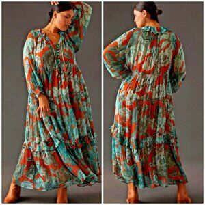 Anthropologie The Marais‎ Floral Chiffon Maxi Dress Long Sleeves Boho Size XXS
